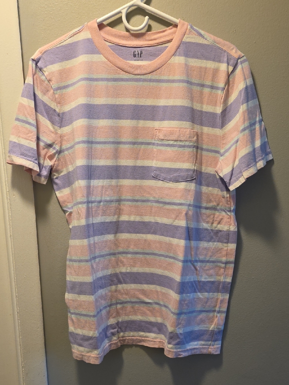 GAP Men's Pastel Pink & Lavender Striped Pocket Tee